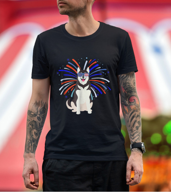 Premium T-Shirt: Siberian Husky Puppy Dog with American Flag Sunglasses and Patriotic Fireworks July T-Shirt Siberian Husky Puppy Dog with American Flag Sunglasses and Patriotic Fireworks July T-Shirt
