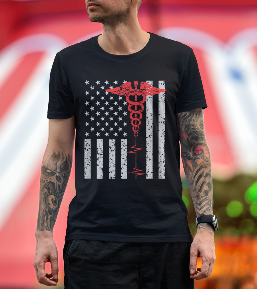 Nurse Thin Red Line Caduceus American Flag with ECG Heartbeat T-Shirt