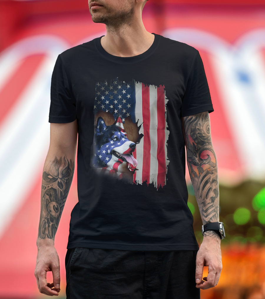 Siberian Husky with American Flag Design in Patriotic Colors T-Shirt