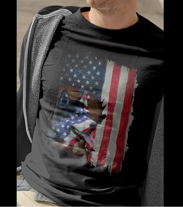 Siberian Husky With American Flag Design In Patriotic Colors T-Shirt