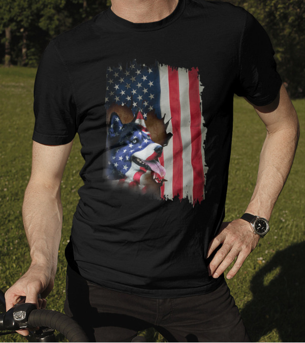 Siberian Husky With American Flag Design In Patriotic Colors T-Shirt