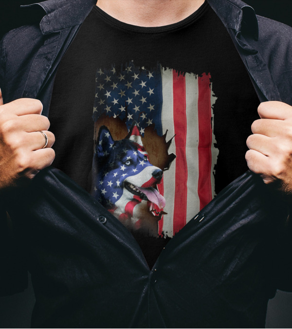 Siberian Husky With American Flag Design In Patriotic Colors T-Shirt