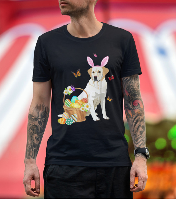 Premium T-Shirt: Labrador Bunny Hat with Basket of Easter Eggs and Butterflies T-Shirt Labrador Bunny Hat with Basket of Easter Eggs and Butterflies T-Shirt