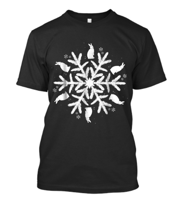 Rabbit Snowflake Winter Pattern With White Snowflakes On Grey Background T-Shirt