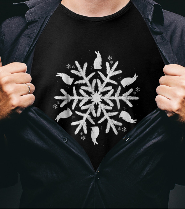 Rabbit Snowflake Winter Pattern With White Snowflakes On Grey Background T-Shirt