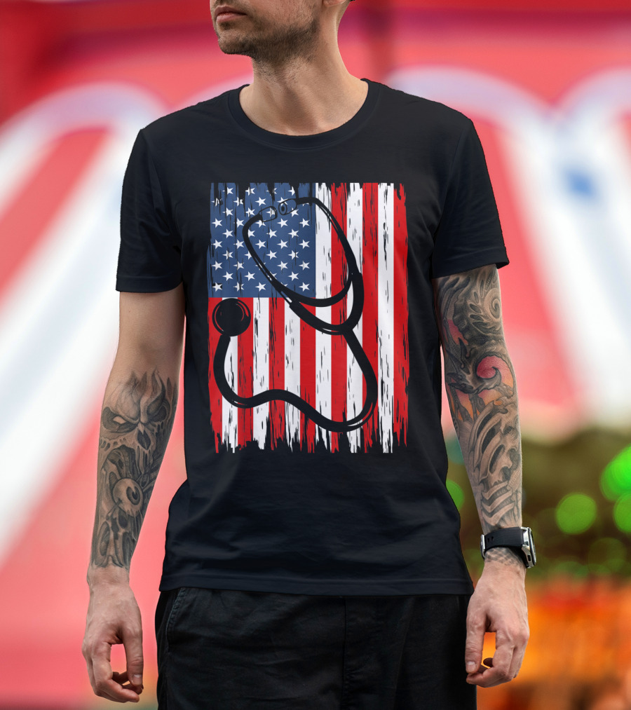 Patriotic Stethoscope American Flag Nurse 4th of July Nursing T-Shirt