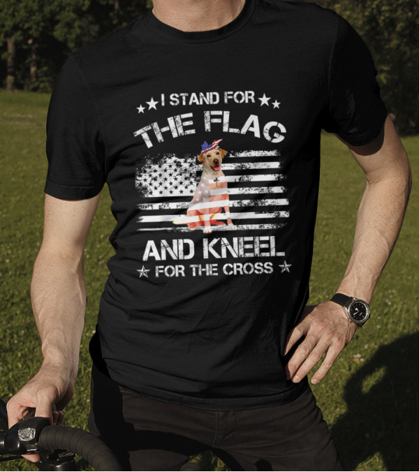 I Stand For The Flag And Kneel For The Cross Labrador Dog With American Flag Hat T-Shirt