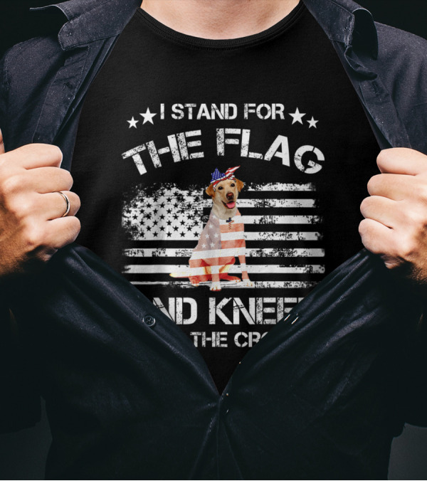 I Stand For The Flag And Kneel For The Cross Labrador Dog With American Flag Hat T-Shirt