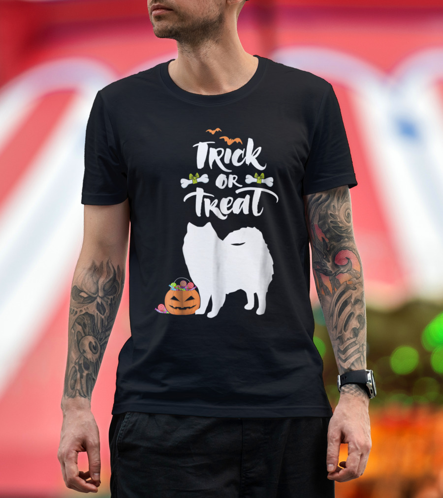 Trick Or Treat Halloween American Eskimo Dog with Pumpkin and Candy T-Shirt