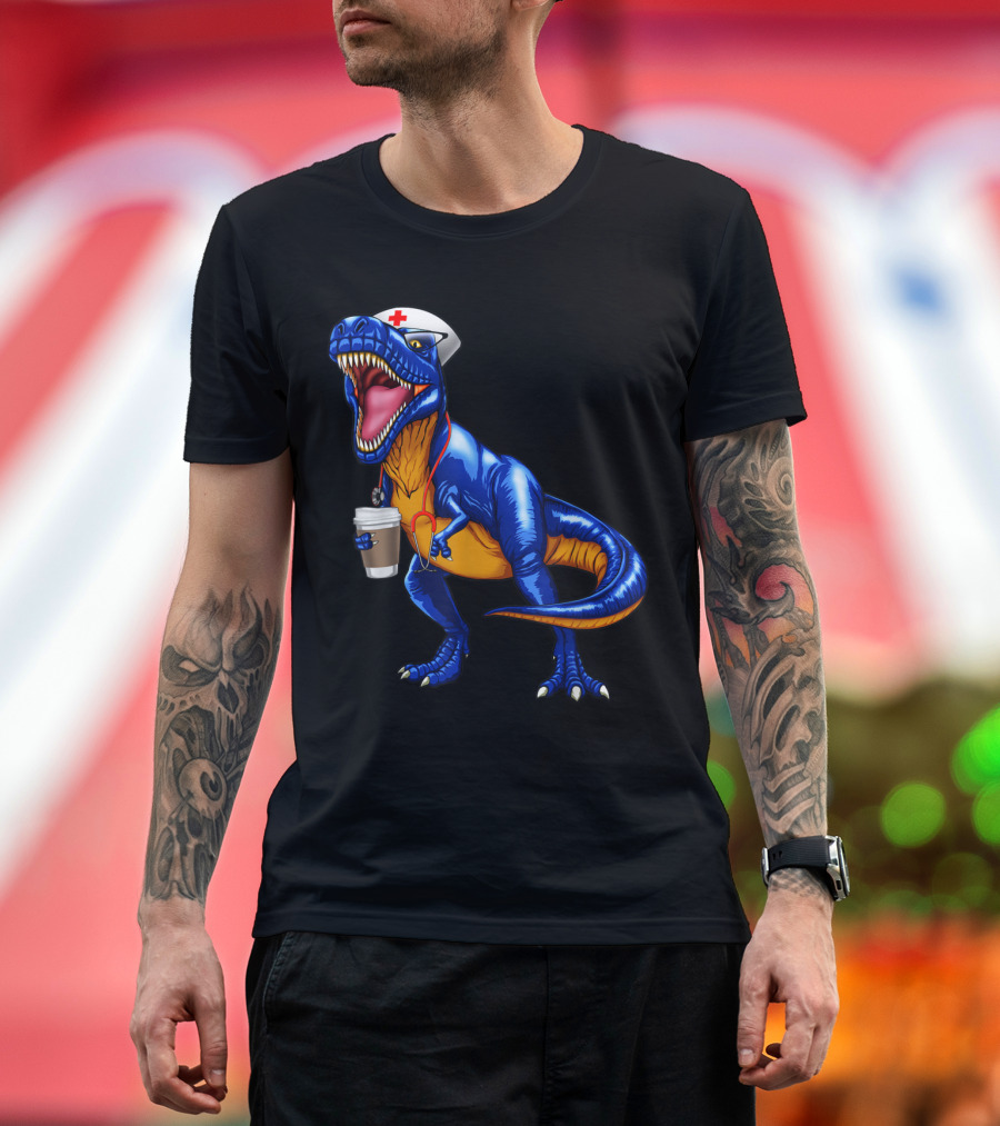 Nursesaurus Rex Nurse Dinosaur with Coffee Cup and Nurse Hat T-Shirt