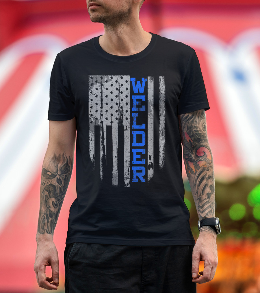 Welder Blue Vertical Text Grunge American Flag T-Shirt
