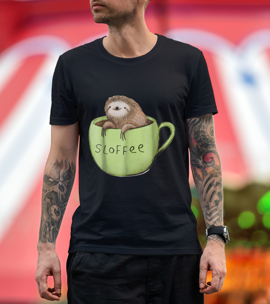 Sloffee Sloth Relaxing in Coffee Mug Funny Saying Sarcastic Coffee T-Shirt