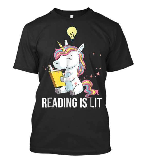 Whimsical Unicorn Enthusiastically Enjoys Reading Under Creative Light Bulb Inspiration T-Shirt