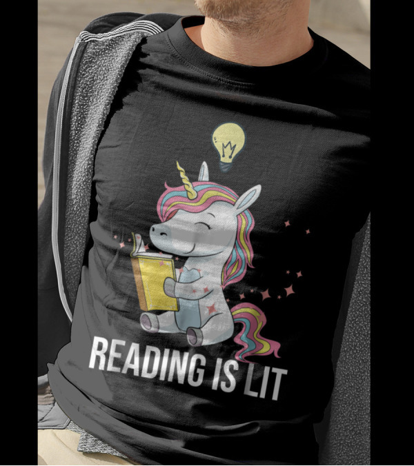 Whimsical Unicorn Enthusiastically Enjoys Reading Under Creative Light Bulb Inspiration T-Shirt