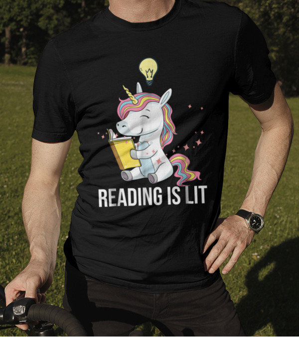 Whimsical Unicorn Enthusiastically Enjoys Reading Under Creative Light Bulb Inspiration T-Shirt