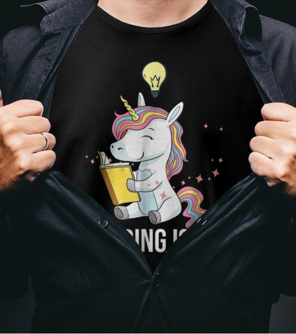 Whimsical Unicorn Enthusiastically Enjoys Reading Under Creative Light Bulb Inspiration T-Shirt