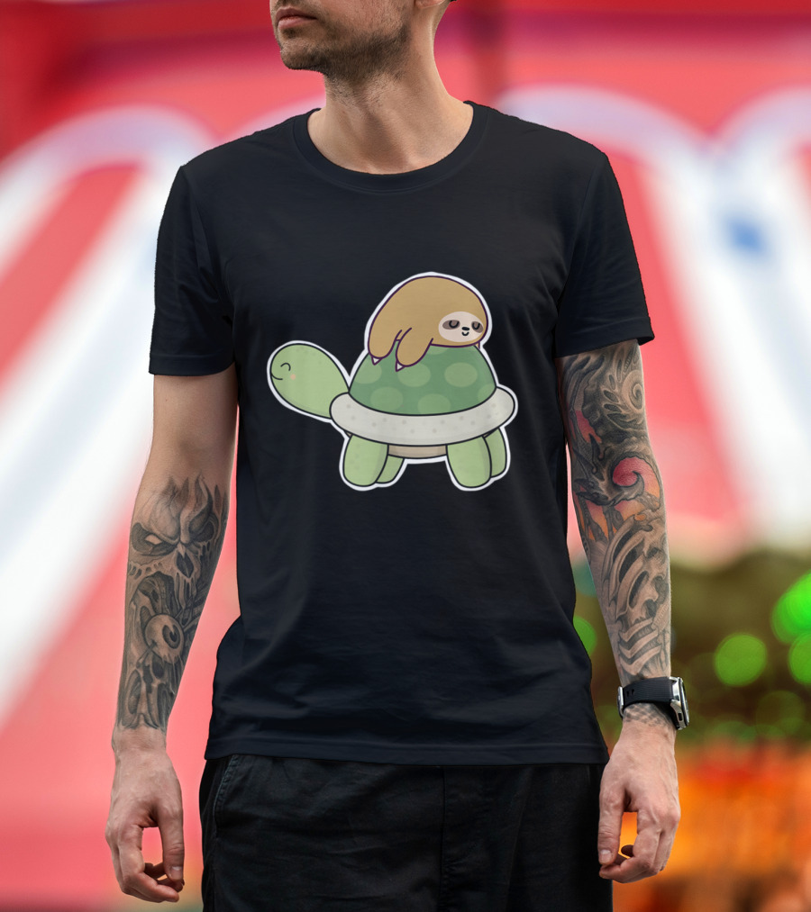 Sloth on Turtle Cute Cartoon Yoga Pose T-Shirt