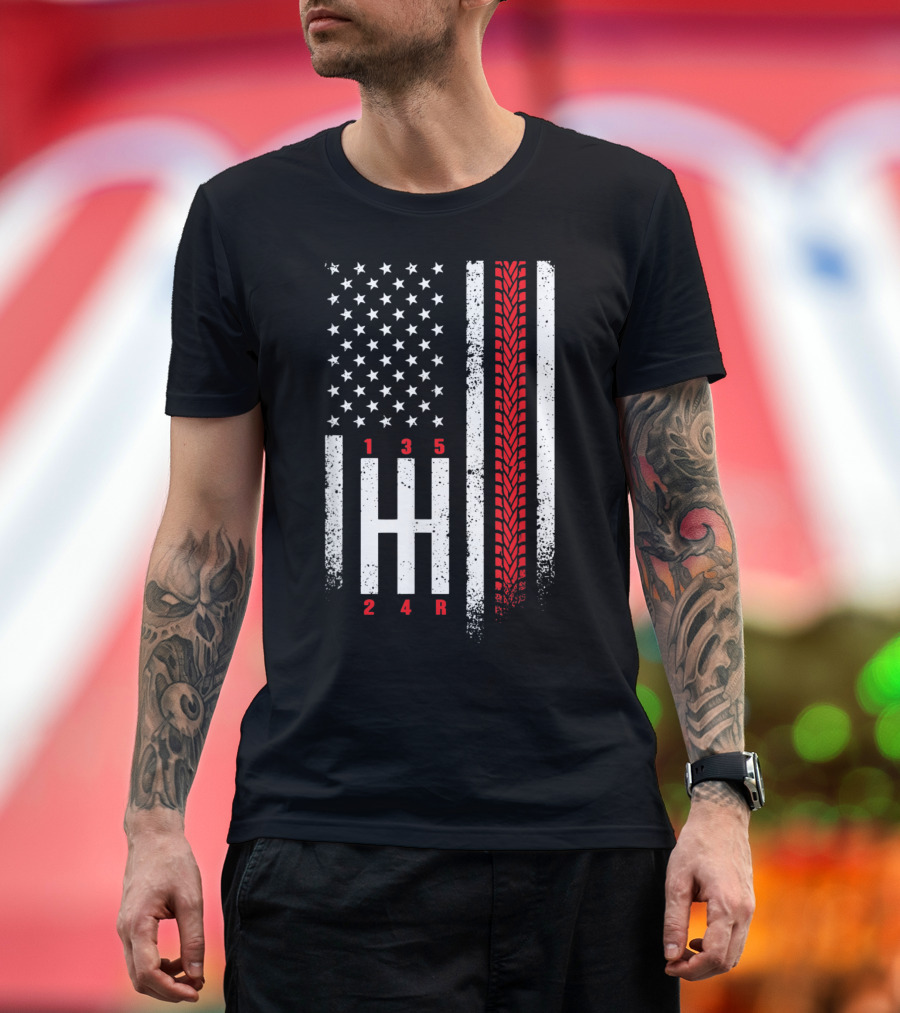 American Flag Gear Shift with Tire Tread Motorsports T-Shirt
