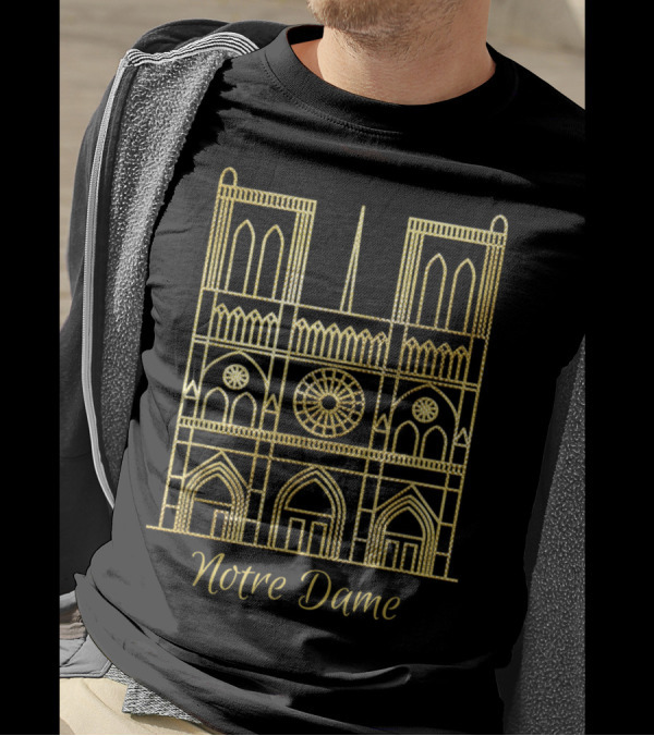 Notre Dame De Paris Historic Cathedral Gold Outline T-Shirt