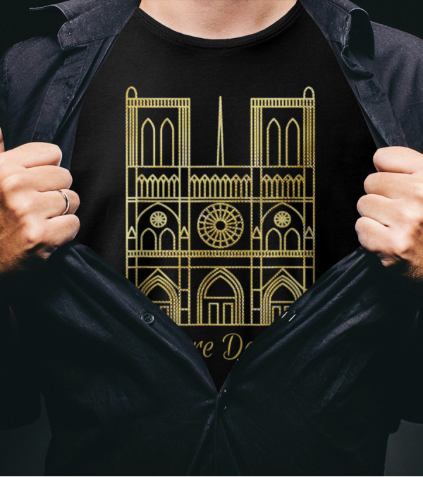 Notre Dame De Paris Historic Cathedral Gold Outline T-Shirt