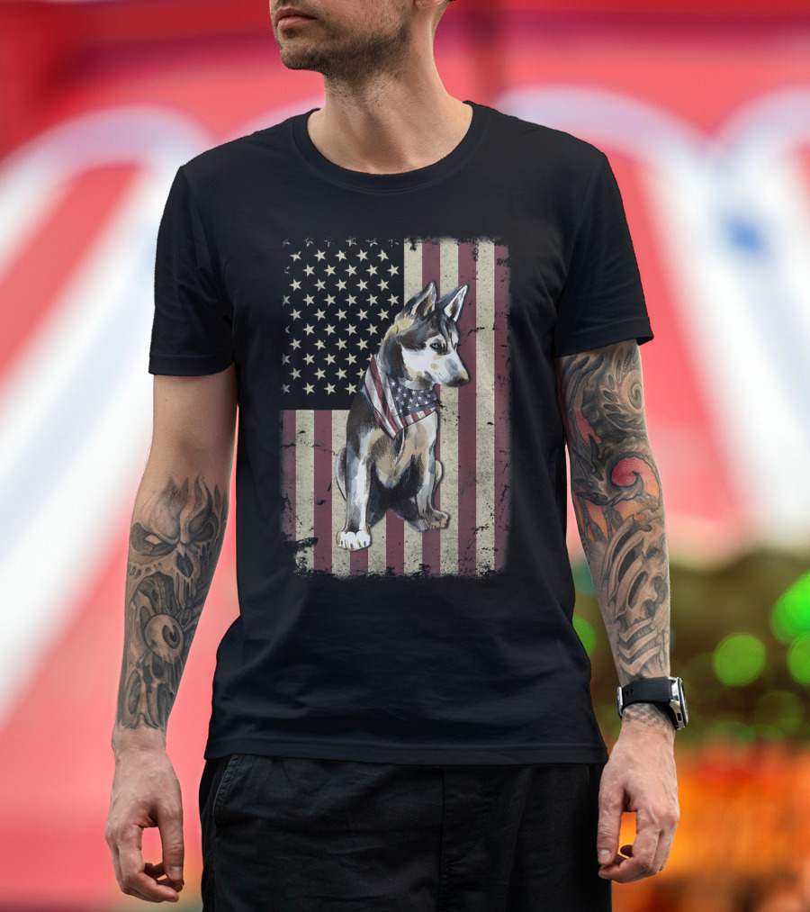 Siberian Husky Wearing American Flag Bandana with Vintage Style United States Flag Background T-Shirt