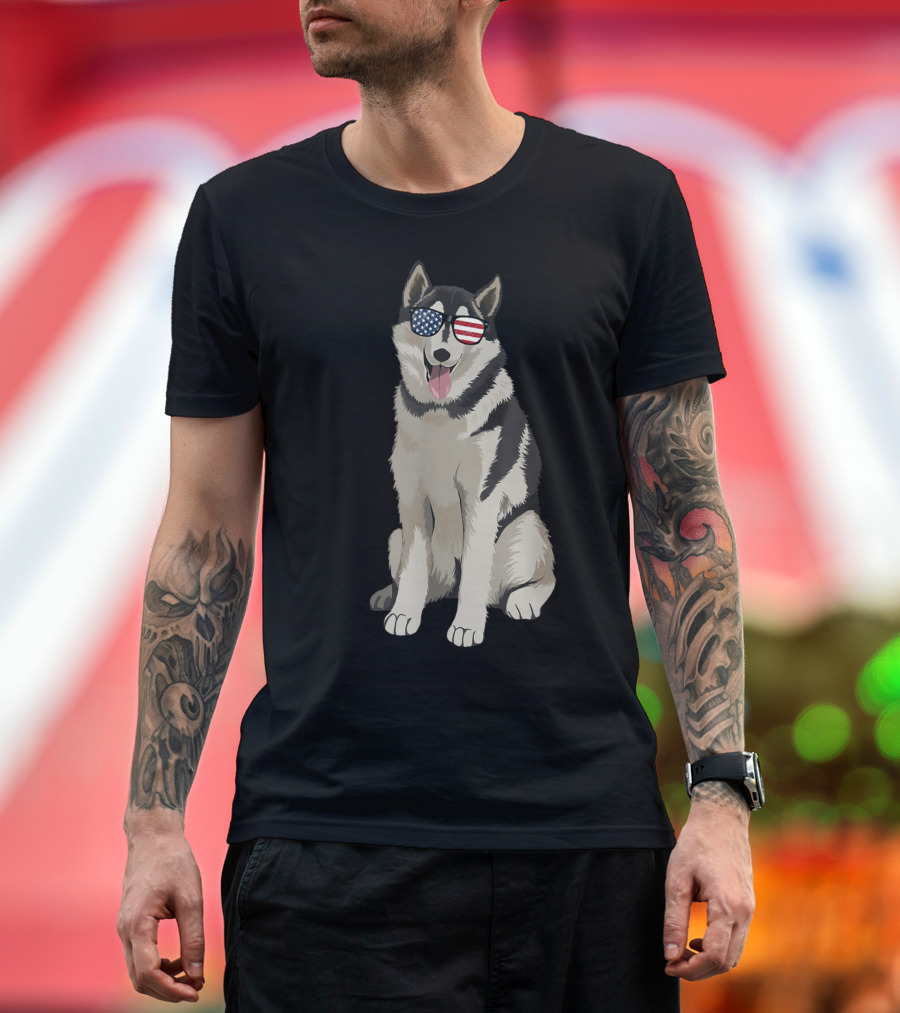 Siberian Husky Wearing American Flag Patterned Sunglasses T-Shirt