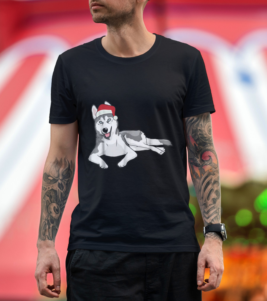 Siberian Husky Wearing Santa Hat T-Shirt