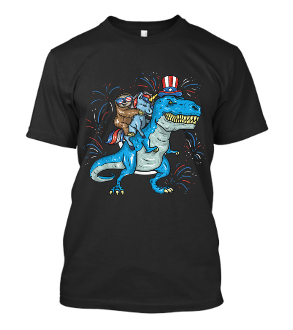 Sloth With Patriotic Sunglasses Riding Unicorn On T-Rex With Uncle Sam Hat Fireworks 4th Of July T-Shirt