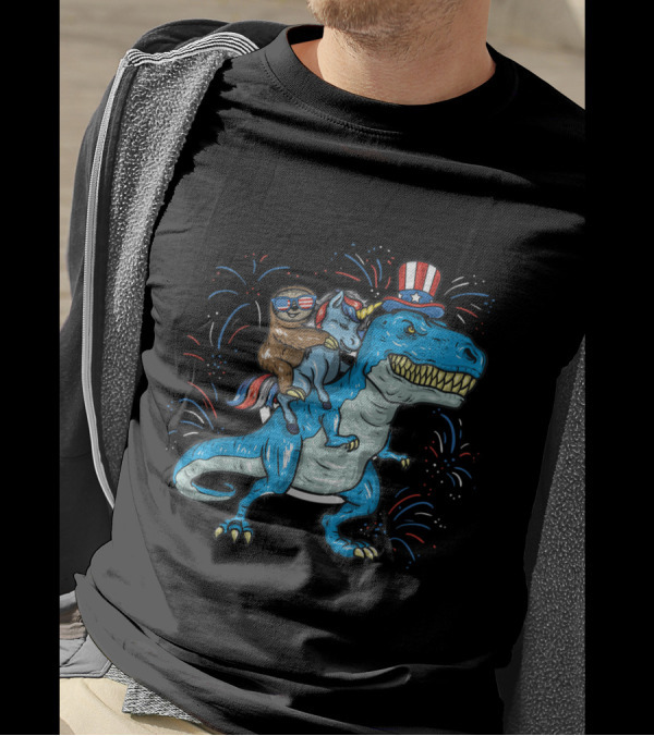 Sloth With Patriotic Sunglasses Riding Unicorn On T-Rex With Uncle Sam Hat Fireworks 4th Of July T-Shirt