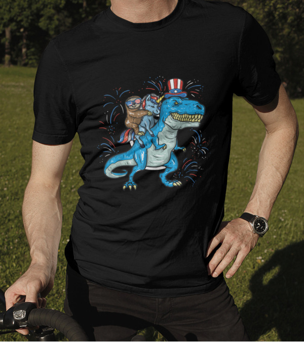 Sloth With Patriotic Sunglasses Riding Unicorn On T-Rex With Uncle Sam Hat Fireworks 4th Of July T-Shirt