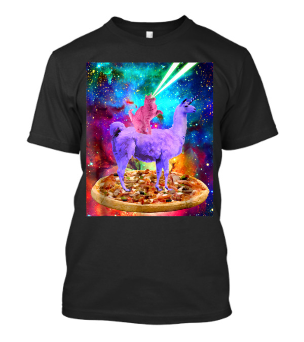 Outer Space Cat With Laser Eyes Rides Llama On Giant Pizza Galaxy T-Shirt