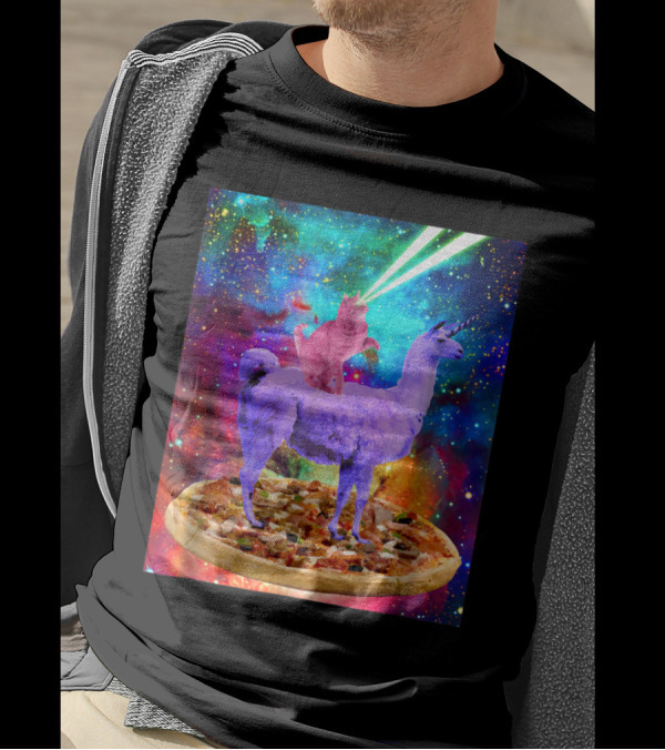 Outer Space Cat With Laser Eyes Rides Llama On Giant Pizza Galaxy T-Shirt