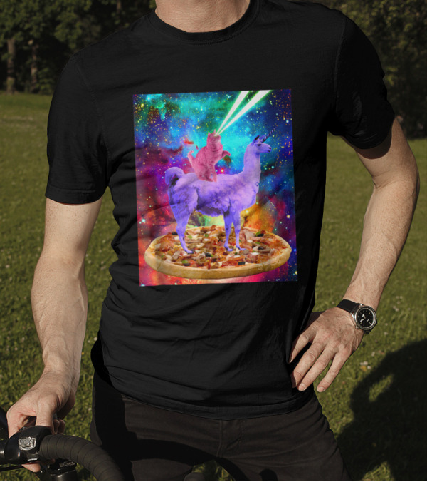 Outer Space Cat With Laser Eyes Rides Llama On Giant Pizza Galaxy T-Shirt