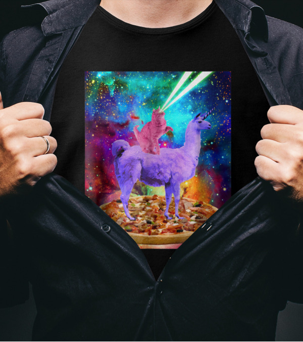Outer Space Cat With Laser Eyes Rides Llama On Giant Pizza Galaxy T-Shirt