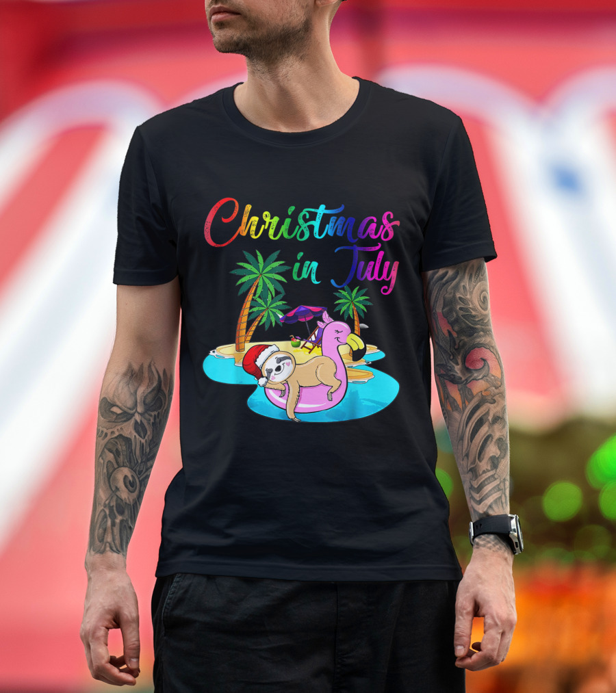 Christmas in July Lazy Sloth on Flamingo Float Holiday Island Scene T-Shirt