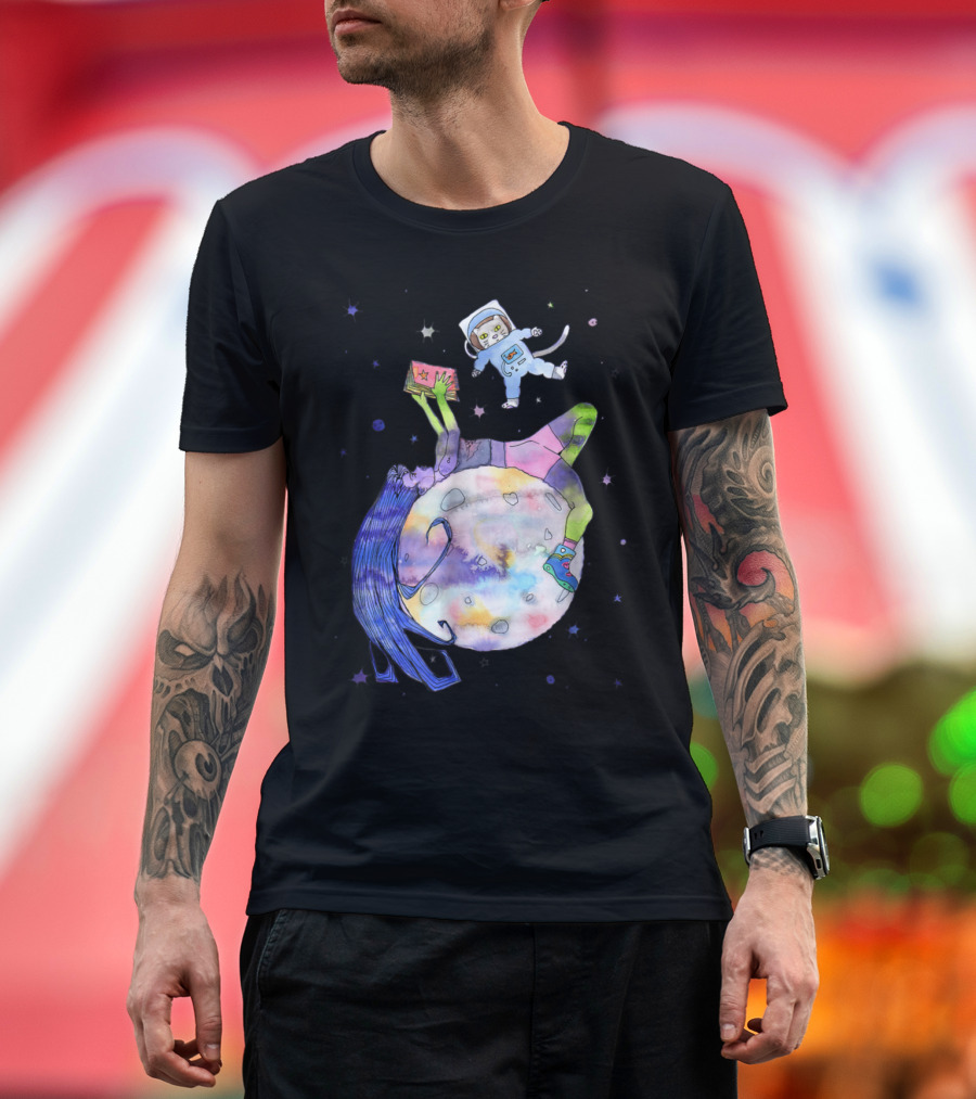 Space Cat Floating with Long-Haired Girl Reading a Book on Moon T-Shirt
