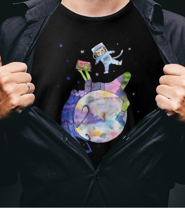Space Cat Floating With Long-Haired Girl Reading A Book On Moon T-Shirt