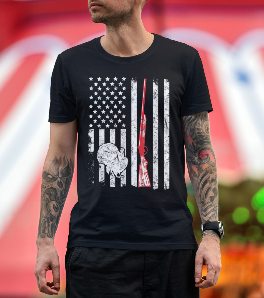 Turkey Hunting Shotgun American Flag Graphic with Turkey T-Shirt