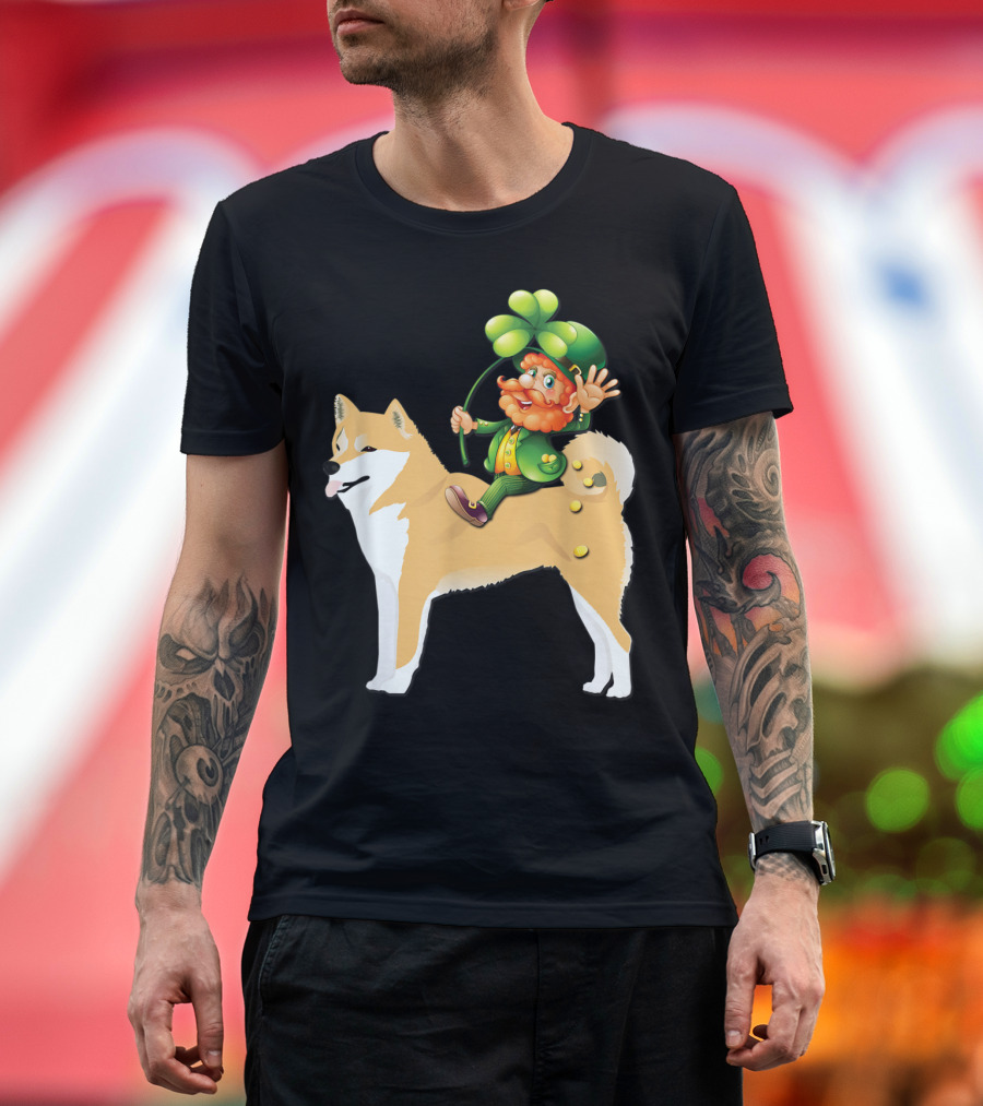 Leprechaun Waving on Shiba Inu with Shamrock and Gold Coins T-Shirt