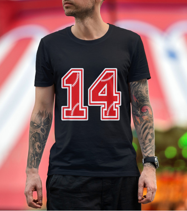 Premium T-Shirt: Red Baseball Number 14 Boys Jersey Style with Stitch T-Shirt Red Baseball Number 14 Boys Jersey Style with Stitch T-Shirt
