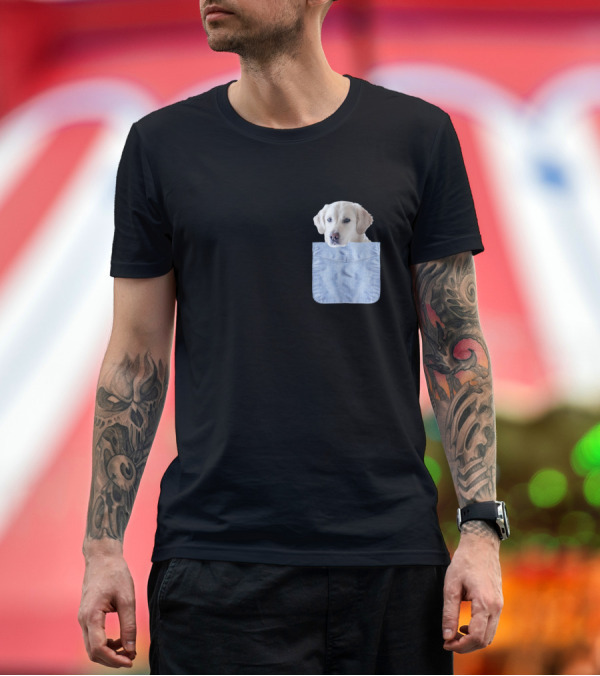Premium T-Shirt: White Labrador Head Peeking from Denim-Style Pocket T-Shirt White Labrador Head Peeking from Denim-Style Pocket T-Shirt