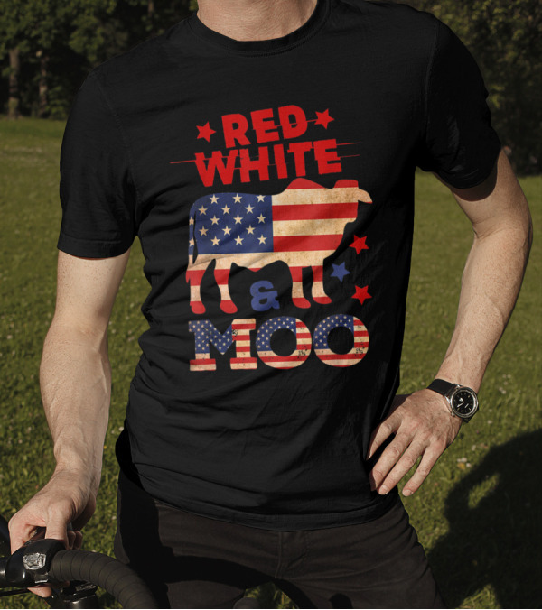 Red White And Moo American Flag Cow 4th Of July T-Shirt