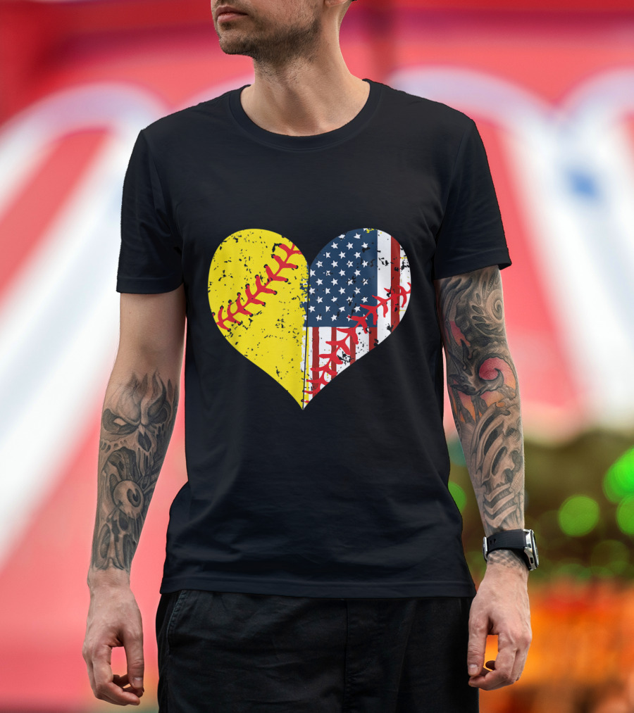 Heart Shaped Softball Stitching with American Flag Stars and Stripes for 4th of July T-Shirt