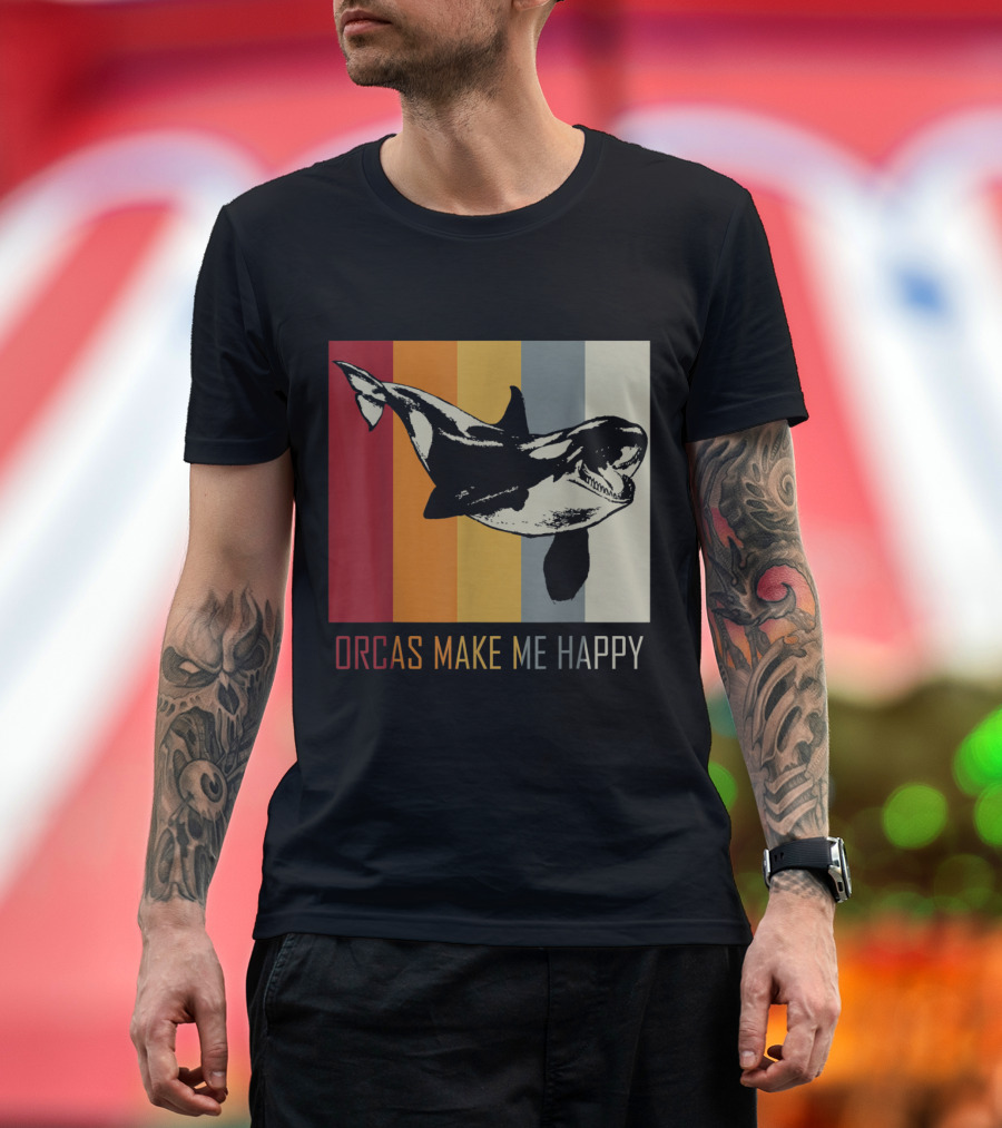Orcas Make Me Happy Retro Killer Whale Stripes T-Shirt