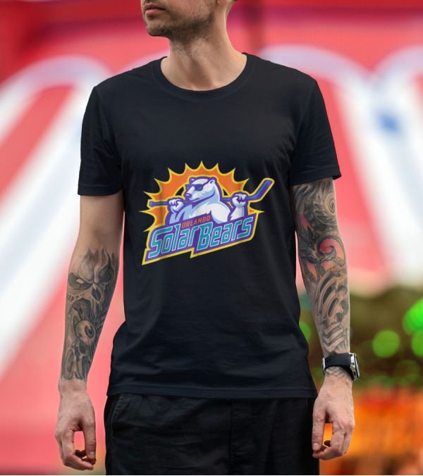 Premium T-Shirt: Orlando Solar Bears Logo Featuring Sunglasses-Wearing Polar Bear with Hockey Stick and Sunburst Background T-Shirt Orlando Solar Bears Logo Featuring Sunglasses-Wearing Polar Bear with Hockey Stick and Sunburst Background T-Shirt