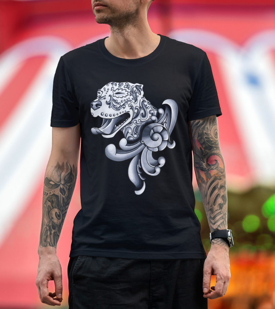 Ornamental Pitbull Tattoo Style Black And Gray T-Shirt
