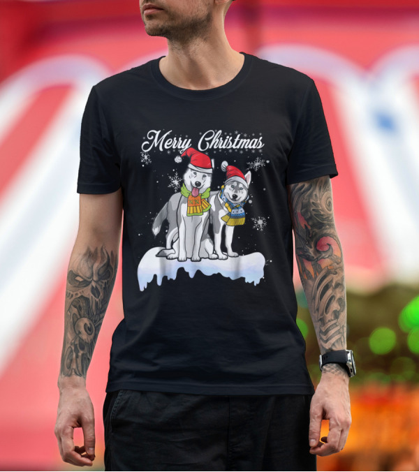 Premium T-Shirt: Merry Christmas Santa Siberian Husky with Snowflakes and Winter Hats T-Shirt Merry Christmas Santa Siberian Husky with Snowflakes and Winter Hats T-Shirt