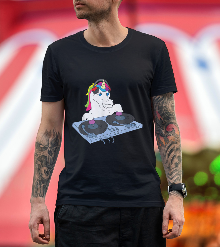 Unicorn DJ at Turntables with Colorful Headphones and Sound Engineer Equipment T-Shirt