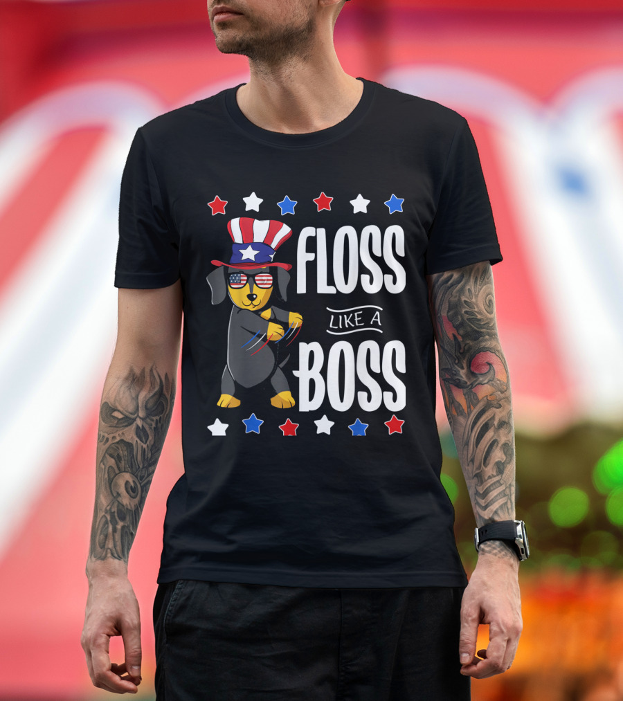 Floss Like a Boss Patriotic Dachshund 4th of July USA Flag T-Shirt