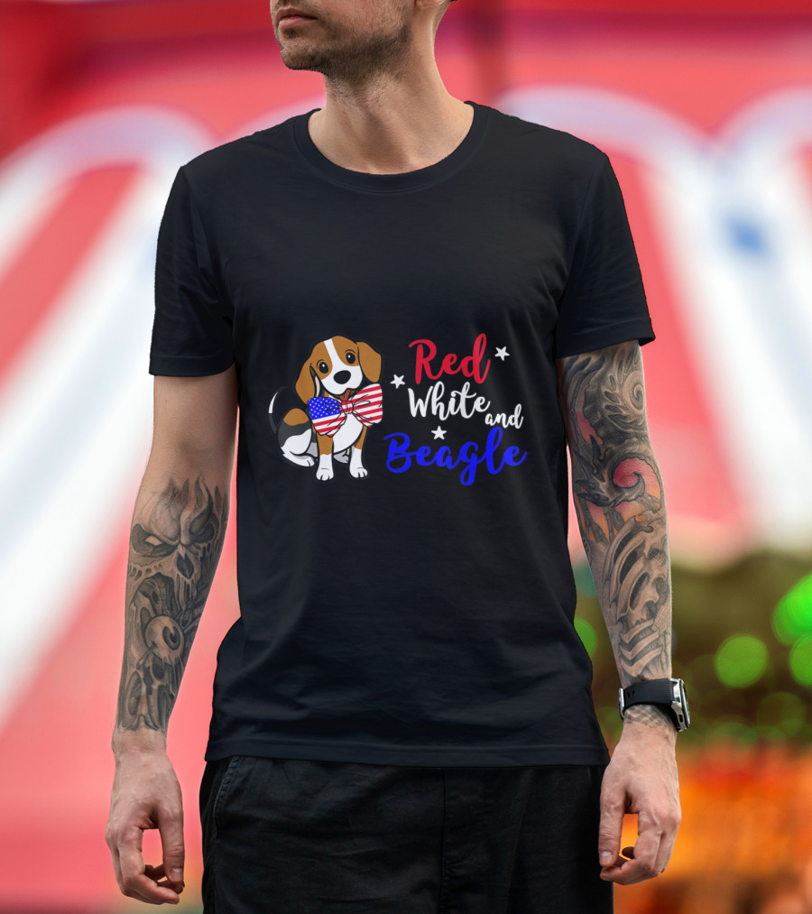 Red White and Beagle with American Flag Bowtie T-Shirt